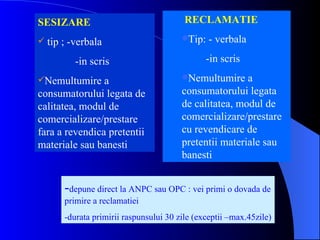 SESIZARE                                  RECLAMATIE
   tip ; -verbala                       Tip:   - verbala

           -in scris                            -in scris
Nemultumire    a                        Nemultumire    a
consumatorului legata de                 consumatorului legata
calitatea, modul de                      de calitatea, modul de
comercializare/prestare                  comercializare/prestare
fara a revendica pretentii               cu revendicare de
materiale sau banesti                    pretentii materiale sau
                                         banesti


        -depune direct la ANPC sau OPC : vei primi o dovada de
        primire a reclamatiei
        -durata primirii raspunsului 30 zile (exceptii –max.45zile)
 