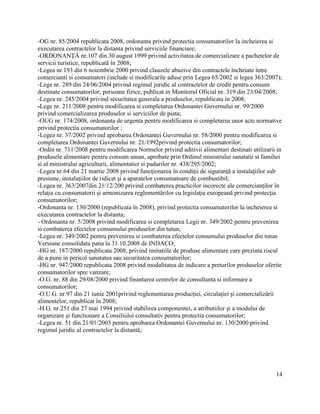 14
-OG nr. 85/2004 republicata 2008, ordonanta privind protectia consumatorilor la incheierea si
executarea contractelor la distanta privind serviciile financiare;
-ORDONANŢĂ nr.107 din 30 august 1999 privind activitatea de comercializare a pachetelor de
servicii turistice, republicată în 2008;
-Legea nr.193 din 6 noiembrie 2000 privind clauzele abuzive din contractele încheiate între
comercianti si consumatori (include si modificarile aduse prin Legea 65/2002 si legea 363/2007);
-Lege nr. 289 din 24/06/2004 privind regimul juridic al contractelor de credit pentru consum
destinate consumatorilor, persoane fizice, publicat in Monitorul Oficial nr. 319 din 23/04/2008;
-Legea nr. 245/2004 privind securitatea generala a produselor, republicata in 2008;
-Lege nr. 211/2008 pentru modificarea si completarea Ordonantei Guvernului nr. 99/2000
privind comercializarea produselor si serviciilor de piata;
-OUG nr. 174/2008, ordonanta de urgenta pentru modificarea si completarea unor acte normative
privind protectia consumatorilor ;
-Legea nr. 37/2002 privind aprobarea Ordonantei Guvernului nr. 58/2000 pentru modificarea si
completarea Ordonantei Guvernului nr. 21/1992privind protectia consumatorilor;
-Ordin nr. 711/2008 pentru modificarea Normelor privind aditivii alimentari destinati utilizarii in
produsele alimentare pentru consum uman, aprobate prin Ordinul ministrului sanatatii si familiei
si al ministrului agriculturii, alimentatiei si padurilor nr. 438/295/2002;
-Legea nr.64 din 21 martie 2008 privind funcţionarea în condiţii de siguranţă a instalaţiilor sub
presiune, instalaţiilor de ridicat şi a aparatelor consumatoare de combustibil;
-Legea nr. 363/2007din 21/12/200 privind combaterea practicilor incorecte ale comercianţilor în
relaţia cu consumatorii şi armonizarea reglementărilor cu legislaţia europeană privind protecţia
consumatorilor;
-Ordonanta nr. 130/2000 (republicata în 2008), privind protectia consumatorilor la incheierea si
executarea contractelor la distanta;
- Ordonanta nr. 5/2008 privind modificarea si completarea Legii nr. 349/2002 pentru prevenirea
si combaterea efectelor consumului produselor din tutun;
-Legea nr. 349/2002 pentru prevenirea si combaterea efectelor consumului produselor din tutun
Versiune consolidata pana la 31.10.2008 de INDACO;
-HG nr. 187/2000 republicata 2008, privind imitatiile de produse alimentare care prezinta riscul
de a pune in pericol sanatatea sau securitatea consumatorilor;
-HG nr. 947/2000 republicata 2008 privind modalitatea de indicare a preturilor produselor oferite
consumatorilor spre vanzare;
-O.G. nr. 88 din 29/08/2000 privind finantarea centrelor de consultanta si informare a
consumatorilor;
-O.U.G. nr.97 din 21 iunie 2001privind reglementarea producţiei, circulaţiei şi comercializării
alimentelor, republicat în 2008;
-H.G. nr.251 din 27 mai 1994 privind stabilirea componentei, a atributiilor şi a modului de
organizare şi functionare a Consiliului consultativ pentru protectia consumatorilor;
-Legea nr. 51 din 21/01/2003 pentru aprobarea Ordonantei Guvernului nr. 130/2000 privind
regimul juridic al contractelor la distantã;
 