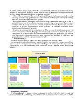 4
În general, când se vorbeşte despre consumator, se face referire la o persoană fizică ce consumă în scop
particular şi neprofesional, produse şi servicii oferite pe piaţă de producători, distribuitori-vânzători şi
furnizori. Această definiţie evidenţiază trei caracteristici principale:
 Politica şi dreptul consumatorului, privite din perspectivă largă, implică toate categoriile de bunuri şi
servicii şi se referă la toţi agenţii economici care intervin în producţia şi/sau circulaţia bunurilor şi
serviciilor, indiferent de stadiul circulaţiei acestora;
 Noţiunea de consumator trebuie înţeleasă în contextul în care consumatorul este perceput nu doar ca
un individ sau partener în schimburile comerciale de mărfuri ci şi ca reprezentant al unor interese
colective, alături de ceilalţi indivizi care formează grupul consumatorilor. Dimensiunea colectivă a
drepturilor şi politicii consumatorului trebuie percepută în condiţiile reanalizării rolului
consumatorului faţă de agenţii economici.
 Conceptul de consumator este un concept unic, dar difuz în sensul că statutul de consumator este
valabil pentru fiecare dintre noi, dar grupul consumatorilor este prin natura lui eterogen. De exemplu,
consumatorul nu acţionează în procesul de consum ca un producător, dar producătorul este în acelaşi
timp şi consumator. Consumator este orice agent economic care acţionează pe piaţă pentru a-şi
procura bunurile şi serviciile necesare satisfacerii nevoilor.
Consumul poate fi:
· intermediar- folosirea bunurilor şi serviciilor pentru producerea altor bunuri şi servicii;
· final- consum destinat satisfacerii directe a nevoilor. În analiza consumatorului, a comportamentului său
raţional se are în vedere consumul final. Consumul final reprezintă folosirea bunurilor şi serviciilor de
către populaţie şi de către administraţii pentru satisfacerea directă a nevoilor umane, individuale şi
colective.
Un consumator responsabil:
1. Se informează cu privire la caracteristicile esenţiale ale produselor şi serviciilor oferite pe piaţă, prin
citirea elementelor de identificare şi caracterizare a acestora, înscrise la vedere, după caz, pe produs,
 