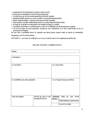 73
 Asiguraţi-vă că toată lumea vă poate vedea şi auzi;
 Încercaţi să cuprindeţi cu privirea întregul grup;
 Vorbiţi clar, pe cât de normal posibil şi nu foarte repede;
 Respiraţi adânc pentru ca vocea să aibă o rezonanţă mai puternică;
 Dacă respiraţi adânc, vă puteţi controla mai bine emoţiile;
 Fiţi atenţi la reacţiile auditoriului pentru a evalua impactul discursului;
 Evitaţi să vă jucaţi cu materialele sau notiţele în timp ce vorbiţi;
 Ascultaţi-vă în timp ce vorbiţi pentru a evita să vă bâlbâiţi sau să mergeţi prea repede;
 Vă este de folos să aveţi materiale vizuale pe care auditoriul să se uite, astfel încât să nu vă
privească tot timpul;
Nu este nici o problemă dacă vă repetaţi sau faceţi pauze atunci când vă ajută să transmiteţi
mesajul pe care îl aveţi în minte;
ATENŢIE!!!....este bine să verificaţi ce au scris şi colegii voştri şi să completaţi propriile fişe.
FIŞA DE ANALIZĂ A PROIECTULUI
Nume:
Activitatea:
Ce am făcut: Ce a mers bine:
Ce modificări am adus planului: Ce ar fi putut merge mai bine:
Cine m-a ajutat: Dovezi pe care le am
în mapa de lucru:
Abilităţile cheie pe care le-am
folosit: 
Îmbunătăţirea performanţei
Lucrul în echipă
 