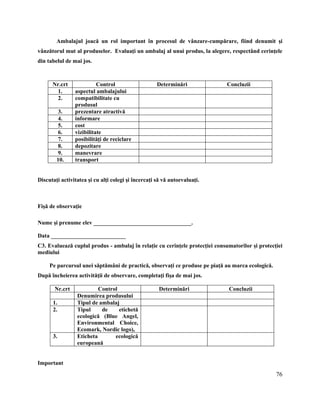 76
Ambalajul joacă un rol important în procesul de vânzare-cumpărare, fiind denumit şi
vânzătorul mut al produselor. Evaluaţi un ambalaj al unui produs, la alegere, respectând cerinţele
din tabelul de mai jos.
Nr.crt Control Determinări Concluzii
1. aspectul ambalajului
2. compatibilitate cu
produsul
3. prezentare atractivă
4. informare
5. cost
6. vizibilitate
7. posibilităţi de reciclare
8. depozitare
9. manevrare
10. transport
Discutaţi activitatea şi cu alţi colegi şi încercaţi să vă autoevaluaţi.
Fişă de observaţie
Nume şi prenume elev __________________________________.
Data __________________________
C3. Evaluează cuplul produs - ambalaj în relaţie cu cerinţele protecţiei consumatorilor şi protecţiei
mediului
Pe parcursul unei săptămâni de practică, observaţi ce produse pe piaţă au marca ecologică.
După încheierea activităţii de observare, completaţi fişa de mai jos.
Nr.crt Control Determinări Concluzii
Denumirea produsului
1. Tipul de ambalaj
2. Tipul de etichetă
ecologică (Blue Angel,
Environmental Choice,
Ecomark, Nordic logo),
3. Eticheta ecologică
europeană
Important
 
