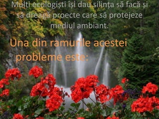 Mulți ecologiști își dau silința să facă și să dreagă proecte care să protejeze mediul ambiant.Una din ramurile acestei probleme este: