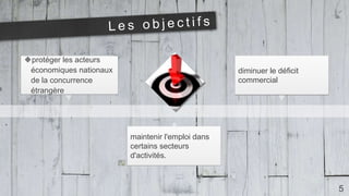 5
maintenir l'emploi dans
certains secteurs
d'activités.
protéger les acteurs
économiques nationaux
de la concurrence
étrangère
diminuer le déficit
commercial
 