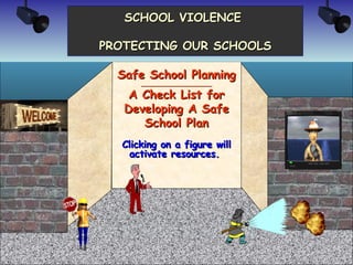 SCHOOL VIOLENCE  PROTECTING OUR SCHOOLS Safe School Planning _______________________ A Check List for Developing A Safe School Plan Clicking on a figure will activate resources.  