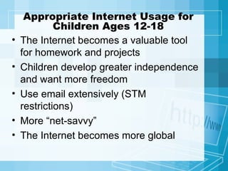 Appropriate Internet Usage for Children Ages 12-18 The Internet becomes a valuable tool for homework and projects Children develop greater independence and want more freedom Use email extensively (STM restrictions) More “net-savvy” The Internet becomes more global 