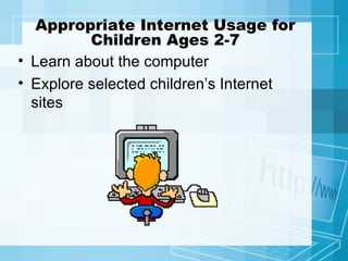 Appropriate Internet Usage for Children Ages 2-7 Learn about the computer Explore selected children’s Internet sites 