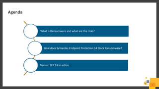Agenda
3
What is Ransomware and what are the risks?
How does Symantec Endpoint Protection 14 block Ransomware?
Demos: SEP 14 in action
 
