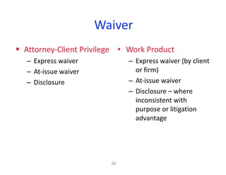 Waiver	
§ Attorney-Client	Privilege
– Express	waiver
– At-issue	waiver
– Disclosure
• Work	Product
– Express	waiver	(by	client	
or	firm)
– At-issue	waiver
– Disclosure	– where	
inconsistent	with	
purpose	or	litigation	
advantage
50
 