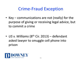 Crime-Fraud	Exception
• Key	– communications	are	not	(really)	for	the	
purpose	of	giving	or	receiving	legal	advice,	but	
to	commit	a	crime
• US	v.	Williams	(8th Cir.	2013)	– defendant	
asked	lawyer	to	smuggle	cell	phone	into	
prison
51
 