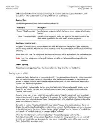 Adobe Flash Access Using the reference implementations
Protecting Content Policy update list 80
DRM versions on Macintosh and Linux) and to specify a second right with Output Protection "Use if
available" on other platforms (by blacklisting DRM versions on Windows).
Custom Data
The following table describes the Custom Data preferences:
Update an existing policy
To update an existing policy, choose the filename from the drop down list and click Open. Modify any
desired policy attributes. All attributes can be modified except those related to Authentication and License
Chaining.
When done, click Save. The policy file in the Resource Directory will be replaced with the updated version.
Note: Even if the policy name is changed, the name of the file in the Resource Directory will not be
modified.
Delete a policy
To delete an existing policy, choose the filename from the drop down list and click Delete.
Policy update list
You can use Policy Update Lists to communicate policy changes to a License Server. If a policy is modified
after it is used to package content, it is desirable to have the License Server aware of the most recent
version of the policy, so that version can be used to issue a license. For more information about Policy
Update Lists, see Protecting Content.
To create a Policy Update List for the first time, click "Add policies" to view all available policies on the
server. For any policies that have been updated since they were used to package content, select the
"update" radio button.
If you no longer want to use a policy to issue any licenses and the policy was already used to package
content, you may wish to revoke the policy. To do so, select the "revoke" radio button. When the desired
policies have been selected, choose "Create Policy Update List". A file called PolicyUpdateList.dat will be
saved in the Resources Directory.
To modify an existing Policy Update List, click "Add policies" to view all available policies on the server.
Choose the additional policies to add or revoke. Existing entries in the Policy Update List can be changed
in the upper section of the screen. Policies that are marked "updated" may be changed to "revoked", but
once a policy is "revoked", it cannot be changed back to "updated".
When the desired changes have been made, choose "Create Policy Update List", and the
PolicyUpdateList.dat file is regenerated. If a policy is already in the policy update list and was updated
since the last time the list was generated, the most recent version of the policy will be used when the
Policy Update List is generated again.
Preference Description
Custom Policy Properties Specify custom properties, which the license server may use when issuing
licenses.
Custom License Properties Specify custom properties, which will appear in the license issued to the
client. Client applications will have access to these properties.
 