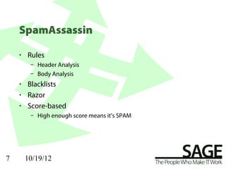 SpamAssassin

    • Rules
       – Header Analysis
       – Body Analysis
    • Blacklists
    • Razor
    • Score-based
       – High enough score means it’s SPAM




7    10/19/12
 