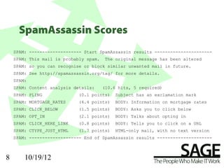 SpamAssassin Scores
    SPAM: -------------------- Start SpamAssassin results ----------------------
    SPAM: This mail is probably spam.    The original message has been altered
    SPAM: so you can recognise or block similar unwanted mail in future.
    SPAM: See http://spamassassin.org/tag/ for more details.
    SPAM:
    SPAM: Content analysis details:     (10.6 hits, 5 required)
    SPAM: PLING              (0.1 points)    Subject has an exclamation mark
    SPAM: MORTGAGE_RATES     (4.4 points)    BODY: Information on mortgage rates
    SPAM: CLICK_BELOW        (1.5 points)    BODY: Asks you to click below
    SPAM: OPT_IN             (2.1 points)    BODY: Talks about opting in
    SPAM: CLICK_HERE_LINK    (0.8 points)    BODY: Tells you to click on a URL
    SPAM: CTYPE_JUST_HTML    (1.7 points)    HTML-only mail, with no text version
    SPAM: -------------------- End of SpamAssassin results ---------------------



8       10/19/12
 