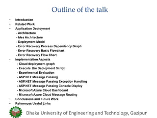 Outline of the talk
• Introduction
• Related Work
• Application Deployment
- Architecture
- Idea Architecture
- Deployment Model
- Error Recovery Process Dependency Graph
- Error Recovery Basic Flowchart
- Error Recovery Flow Chart
• Implementation Aspects
- Cloud deployment graph
- Execute the Deployment Script
- Experimental Evaluation
- ASP.NET Message Passing
- ASP.NET Message Passing Exception Handling
- ASP.NET Message Passing Console Display
- Microsoft Azure Cloud Dashboard
- Microsoft Azure Cloud Message Routing
• Conclusions and Future Work
• References Useful Links
Dhaka University of Engineering and Technology, Gazipur
 