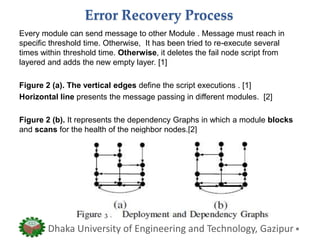 Error Recovery Process
Every module can send message to other Module . Message must reach in
specific threshold time. Otherwise, It has been tried to re-execute several
times within threshold time. Otherwise, it deletes the fail node script from
layered and adds the new empty layer. [1]
Figure 2 (a). The vertical edges define the script executions . [1]
Horizontal line presents the message passing in different modules. [2]
Figure 2 (b). It represents the dependency Graphs in which a module blocks
and scans for the health of the neighbor nodes.[2]
Dhaka University of Engineering and Technology, Gazipur
3
 