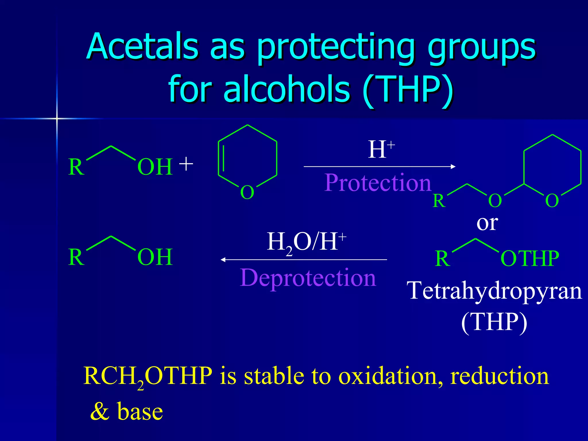 Acetals as protecting groups for alcohols (THP) + Tetrahydropyran (THP) H + or RCH 2 OTHP is stable to oxidation, reduction & base H 2 O/H + Deprotection Protection 