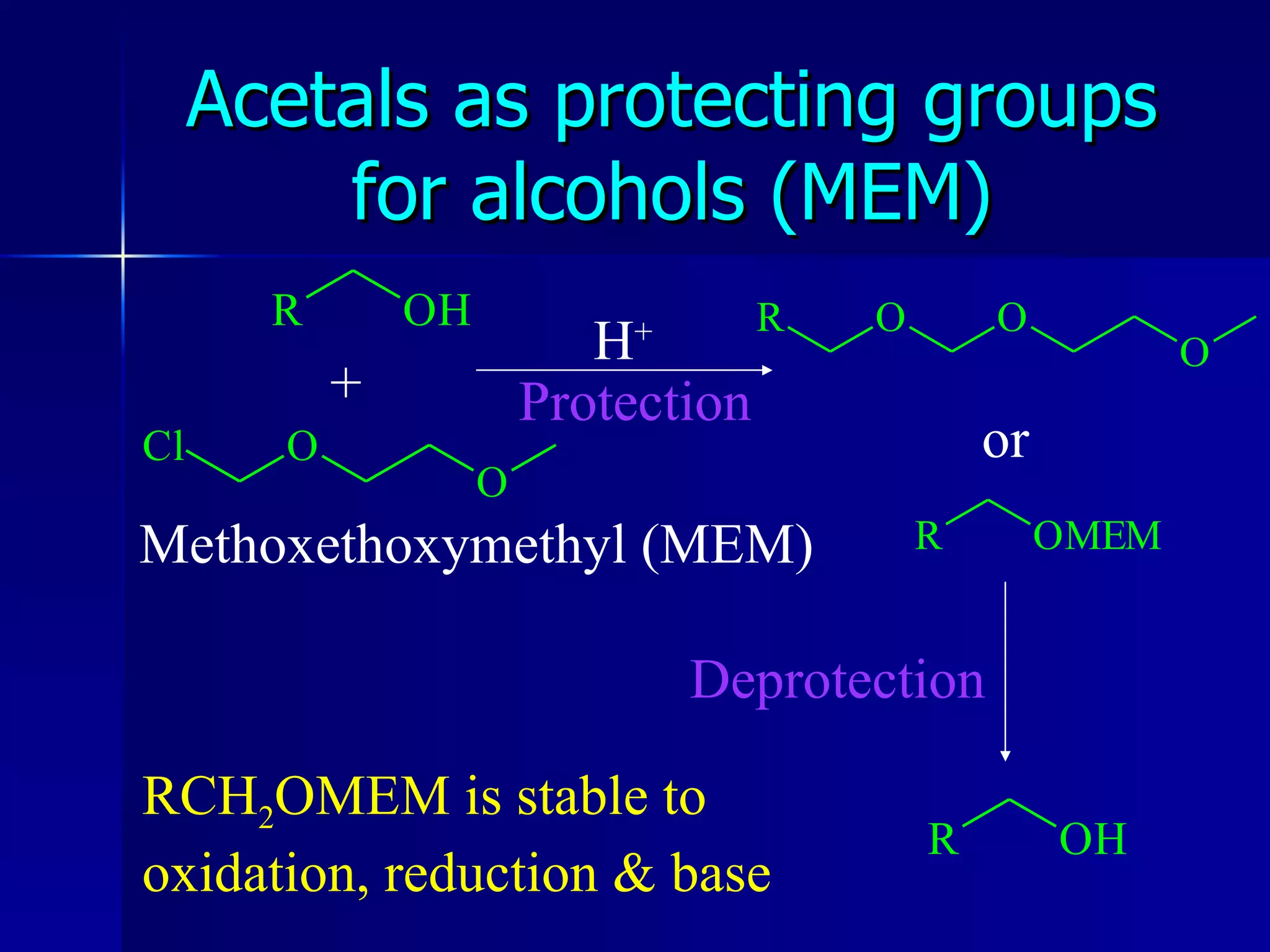 Acetals as protecting groups for alcohols (MEM) + or Methoxethoxymethyl (MEM) RCH 2 OMEM is stable to  oxidation, reduction & base H + Protection Deprotection 