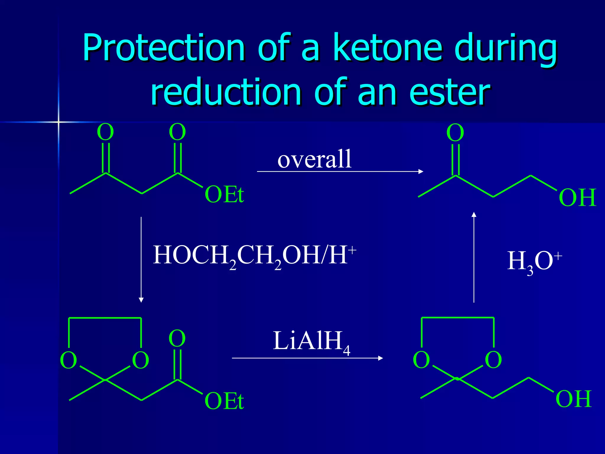 Protection of a ketone during reduction of an ester overall HOCH 2 CH 2 OH/H + LiAlH 4 H 3 O + 