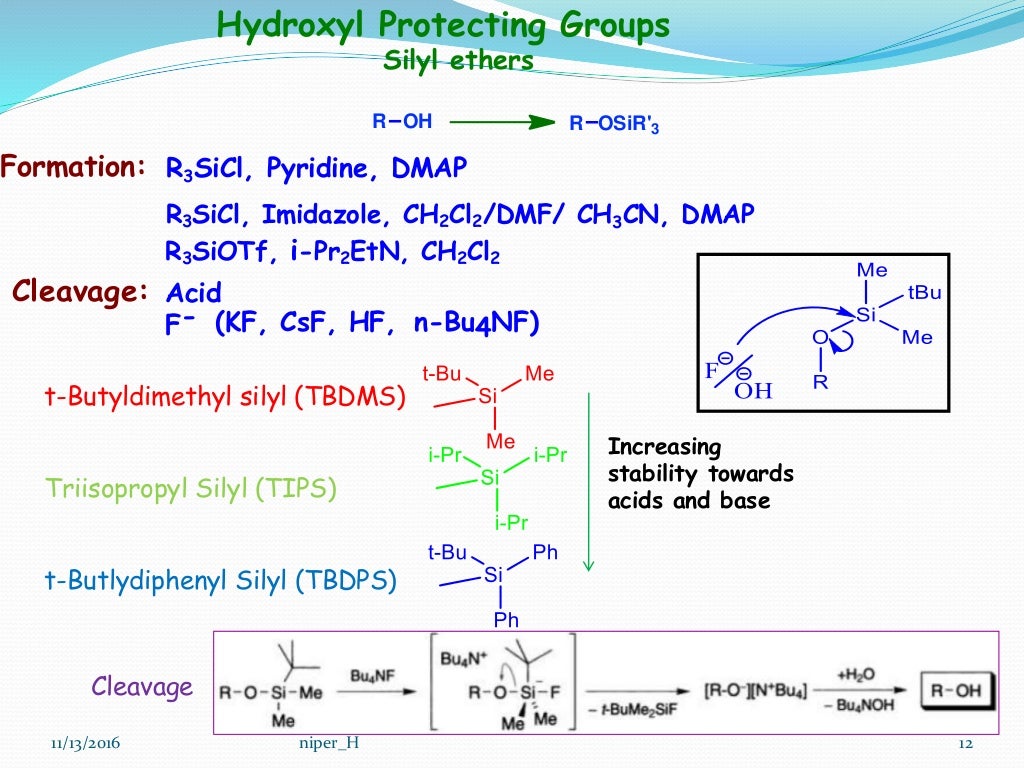 Protecting groups and deprotection OH, COOH, C=O, NH2 groups.