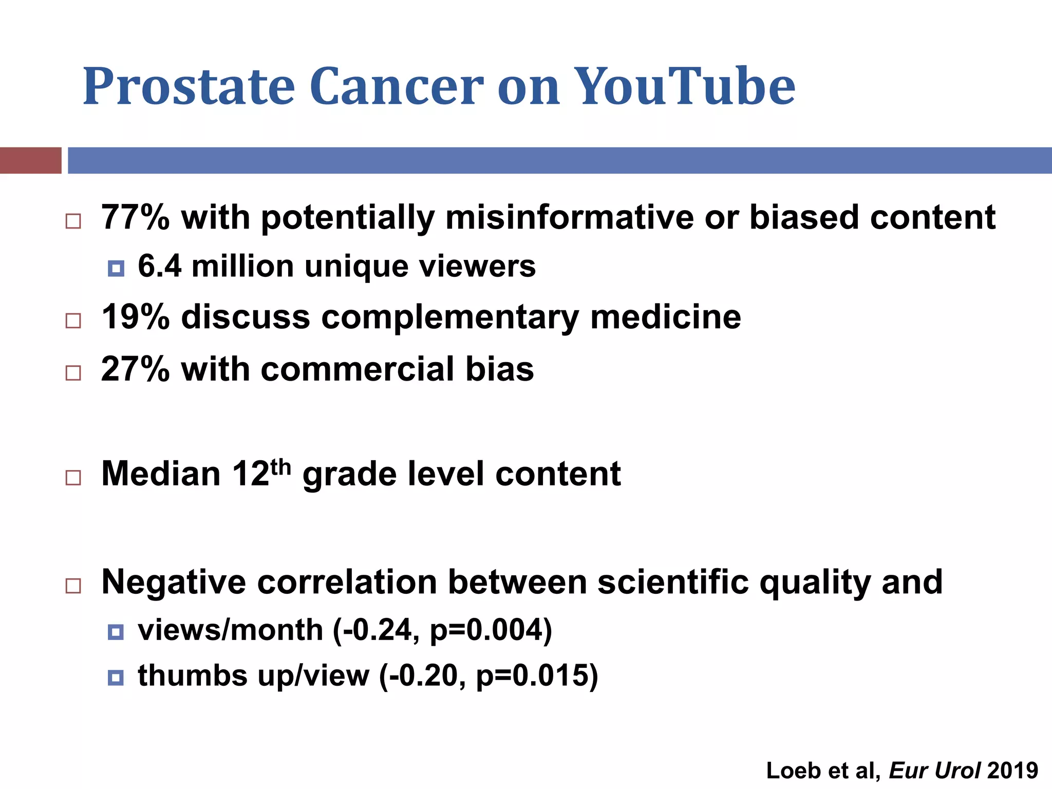 Prostate Cancer on YouTube
 77% with potentially misinformative or biased content
 6.4 million unique viewers
 19% discuss complementary medicine
 27% with commercial bias
 Median 12th grade level content
 Negative correlation between scientific quality and
 views/month (-0.24, p=0.004)
 thumbs up/view (-0.20, p=0.015)
Loeb et al, Eur Urol 2019
 