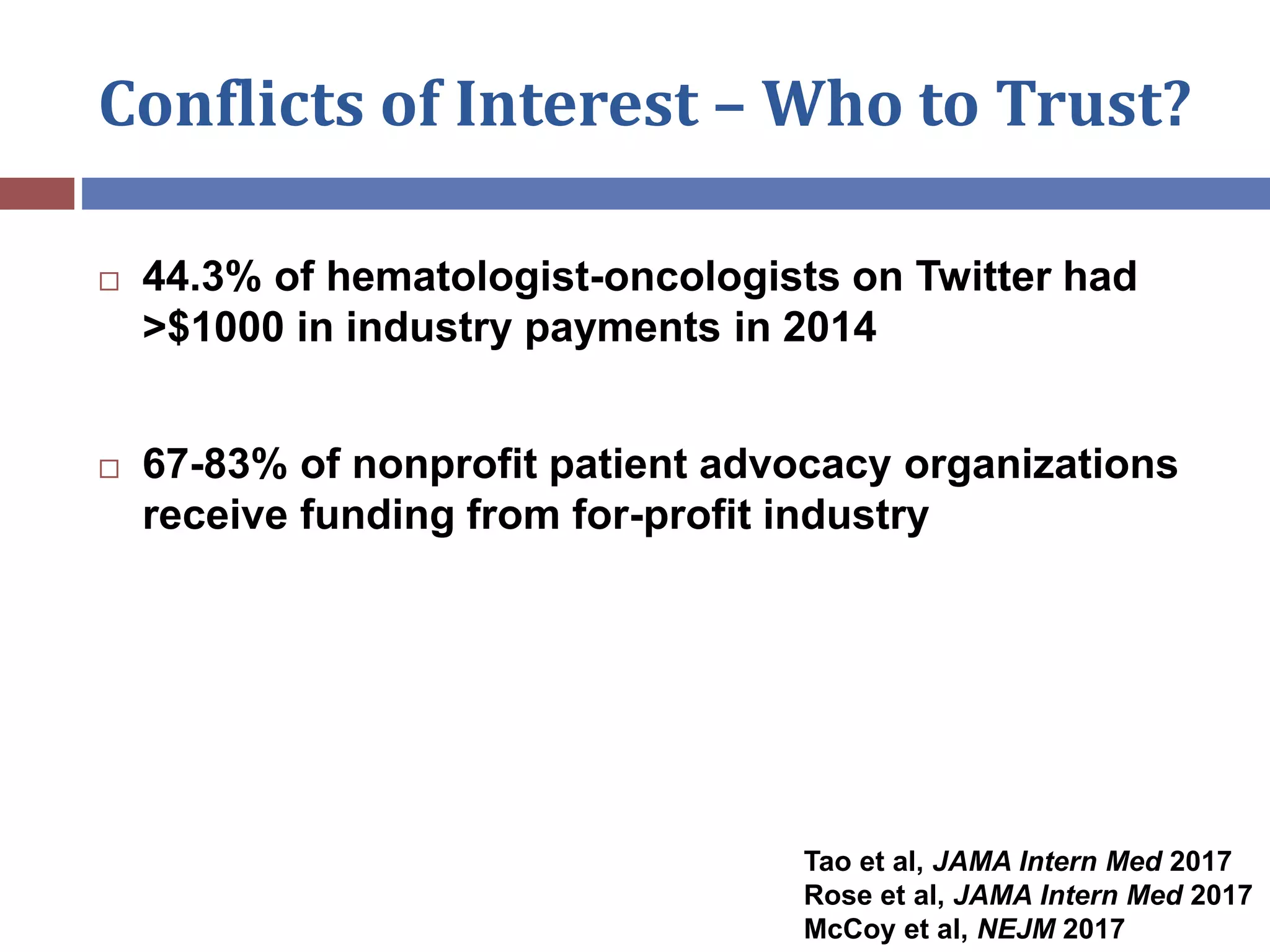 Conflicts of Interest – Who to Trust?
 44.3% of hematologist-oncologists on Twitter had
>$1000 in industry payments in 2014
 67-83% of nonprofit patient advocacy organizations
receive funding from for-profit industry
Tao et al, JAMA Intern Med 2017
Rose et al, JAMA Intern Med 2017
McCoy et al, NEJM 2017
 