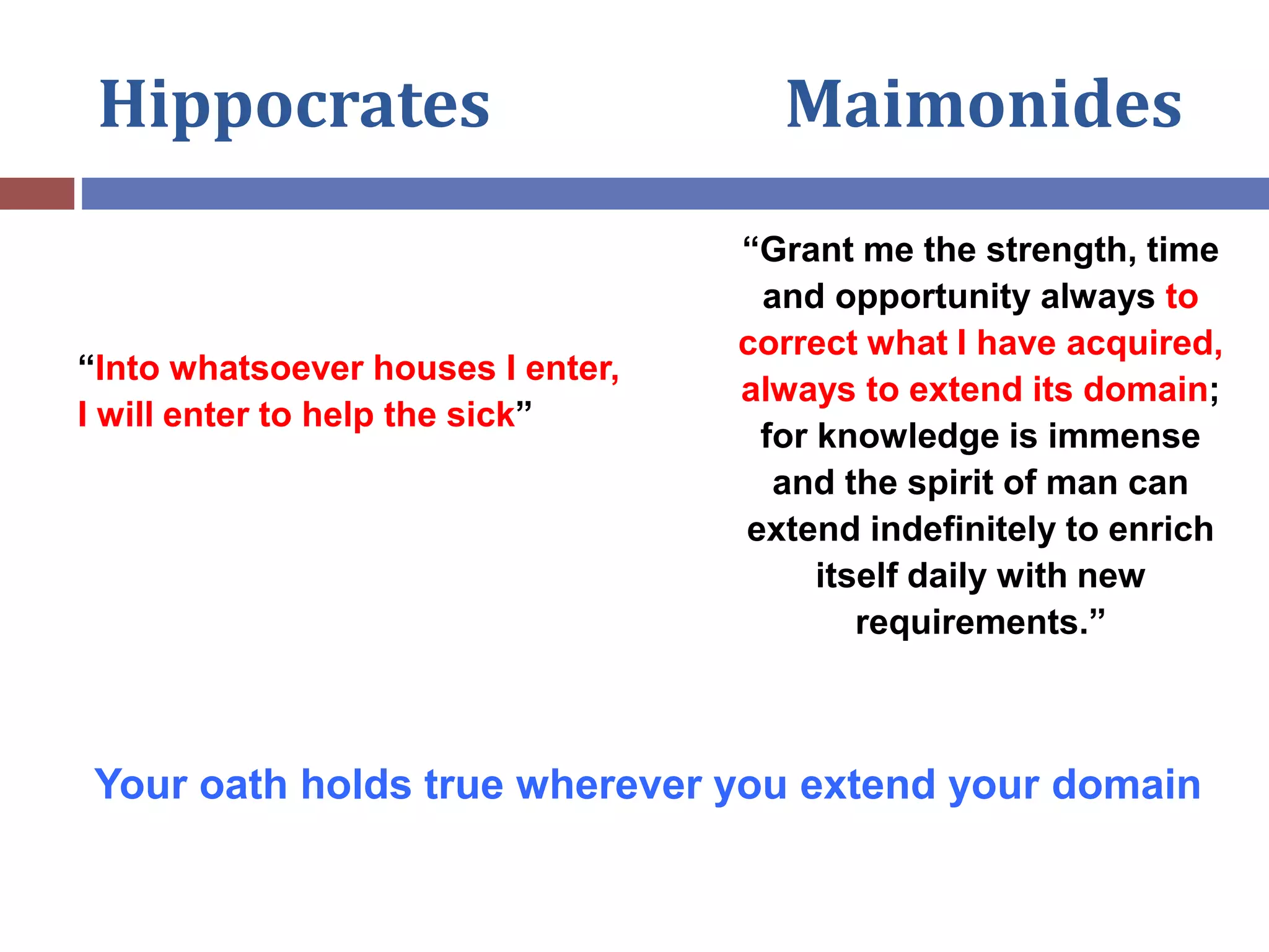 Hippocrates Maimonides
“Into whatsoever houses I enter,
I will enter to help the sick”
“Grant me the strength, time
and opportunity always to
correct what I have acquired,
always to extend its domain;
for knowledge is immense
and the spirit of man can
extend indefinitely to enrich
itself daily with new
requirements.”
Your oath holds true wherever you extend your domain
 