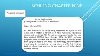 SCHILING CHAPTER NINE
Schilling chapter SIX page 183
Protecting Innivation
Protecting Innivation
|The Digital Music Distribution Revolution
Fraunhofer and MP3
In 1991, Fraunhofer IIS of Germany developed an algorithm that
would set in motion a revolution in how music was distributed,
stored, and consumed. This format for compressed audio files was
later dubbed MPEG-1 layer 3—a.k.a. MP3. By 1995, software
programs were available that enabled consumers to convert tracks
from compact discs to MP3 files. This technology transformed how
music could be manipulated—a song was now a file that could be
kept on a hard drive, and the file was small enough to be shared
over the Internet.
AHMAD KHAIDIR ALI FULLAH – SISTEM INFORMASI
 