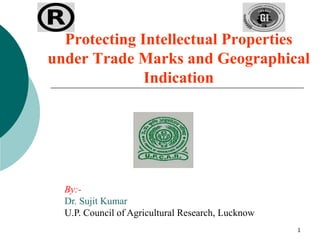 1
Protecting Intellectual Properties
under Trade Marks and Geographical
Indication
By:-
Dr. Sujit Kumar
U.P. Council of Agricultural Research, Lucknow
 