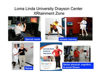 Loma Linda University Drayson Center
         XRtainment Zone




     Special needs     Athletic training




                          Senior physical, cognitive,
     Rehab                & social fitness
 