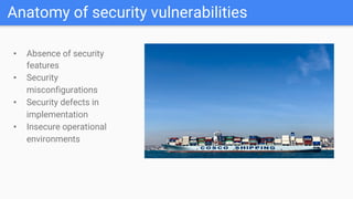 Anatomy of security vulnerabilities
• Absence of security
features
• Security
misconfigurations
• Security defects in
implementation
• Insecure operational
environments
 