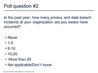 Poll question #2

 In the past year, how many privacy and data breach
 incidents at your organization are you aware have
 occurred?

    •    Never
    •    1-5
    •    6-10
    •    10-20
    •    More than 20
    •    Not applicable/Don’t know
Copyright © 2008 Deloitte Development LLC. All rights reserved.
 