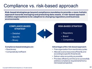 Compliance vs. risk-based approach
    Risk-based strategies go beyond compliance mandates to provide a more holistic
    approach towards managing and protecting data assets. A risk-based approach
    enables organizations to be adaptive to changing regulatory and business
    environments


              COMPLIANCE-BASED                                           RISK-BASED STRATEGY
                 STRATEGY

                    Detailed                                                   Regulatory
                    Specific                                                   Brand
                    Binary                                                     Competitive


     Compliance-based strategies are:                             Advantages of the risk-based approach:
     • Reactionary                                                • Free organization from reactionary cycles
     • Comparatively inefficient                                  • Allocate scarce resources efficiently and
                                                                    according to specific threat levels
                                                                  • Deliver value as quickly as possible
                                                                  • Provides efficiency and focus to successfully
                                                                    address compliance requirements from a
                                                                    risk-based perspective

Copyright © 2008 Deloitte Development LLC. All rights reserved.
                                                                                                                    13
 