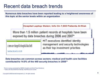 Recent data breach trends
    Numerous data breaches have been reported leading to a heightened awareness of
    this topic at the senior levels within an organization




     Data breaches are common across sectors; medical and health care facilities
     contributed to 14.9% of the 449 security breaches in 2008**

 *From a survey conducted by HIMSS Analytics and Kroll Fraud Solutions
 ** Data until 8/22/2008 from Identity Theft Resource Centre


Copyright © 2008 Deloitte Development LLC. All rights reserved.
                                                                                     5
 