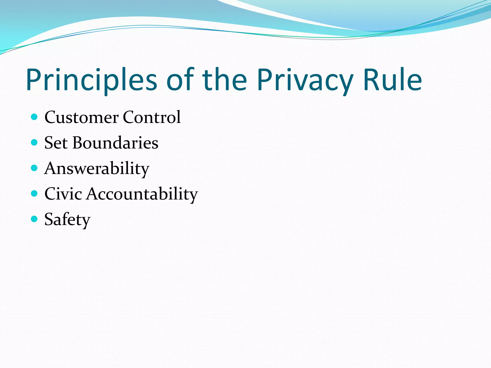 Principles of the Privacy RuleCustomer ControlSet BoundariesAnswerabilityCivic AccountabilitySafety