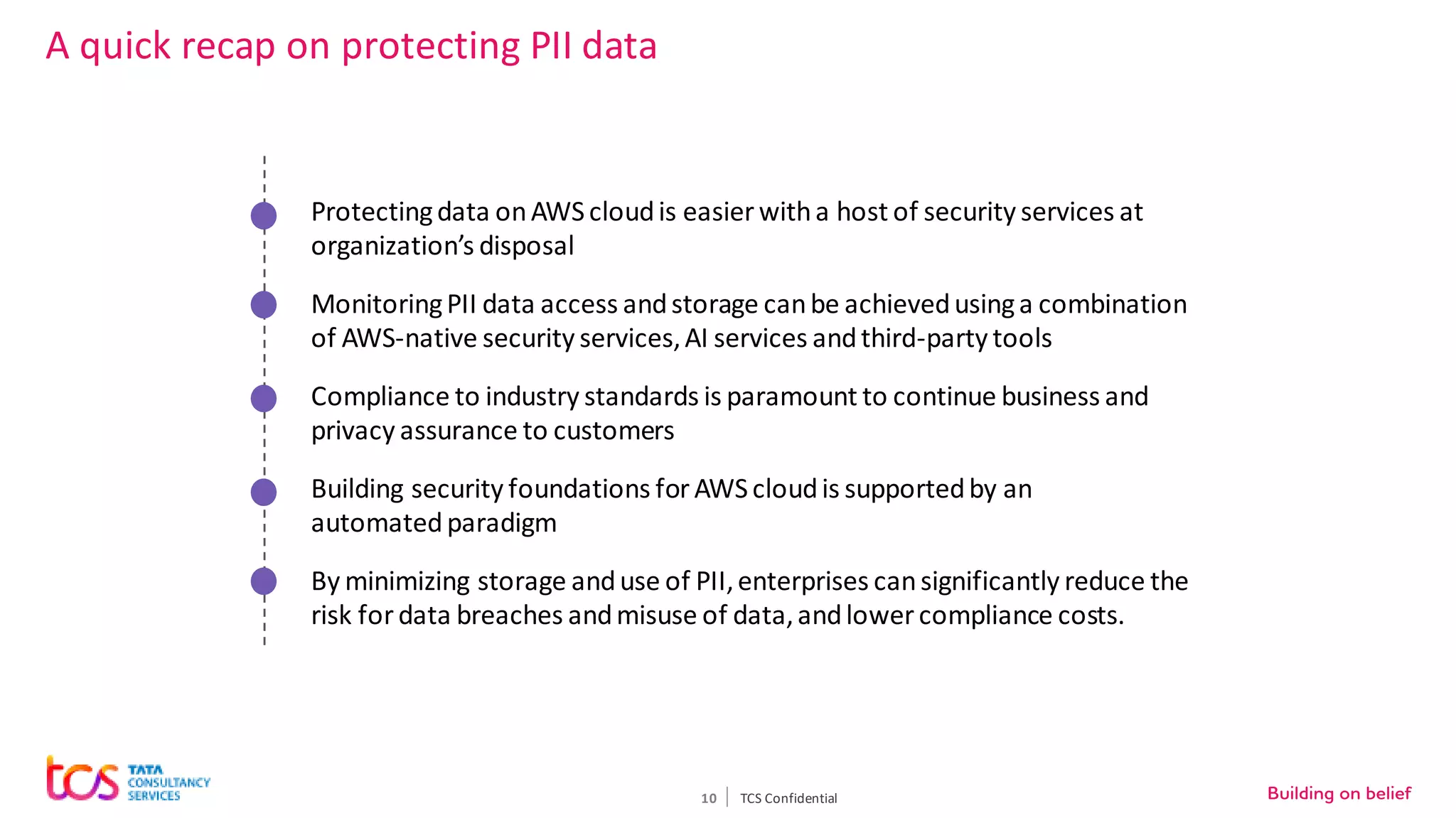 10
A quick recap on protecting PII data
TCS Confidential
Protectingdata onAWScloudis easier witha host of security services at
organization’s disposal
MonitoringPII data access andstorage canbe achievedusinga combination
of AWS-native security services,AI services andthird-party tools
Compliance to industry standards is paramount to continue business and
privacy assurance to customers
Building security foundations forAWScloudis supportedby an
automatedparadigm
By minimizing storage anduse of PII,enterprises cansignificantly reduce the
risk for data breaches andmisuse of data,andlower compliance costs.
 