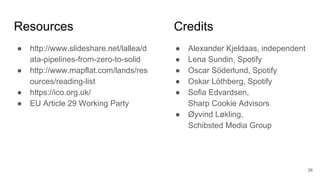 Resources Credits
● http://www.slideshare.net/lallea/d
ata-pipelines-from-zero-to-solid
● http://www.mapflat.com/lands/res
ources/reading-list
● https://ico.org.uk/
● EU Article 29 Working Party
36
● Alexander Kjeldaas, independent
● Lena Sundin, Spotify
● Oscar Söderlund, Spotify
● Oskar Löthberg, Spotify
● Sofia Edvardsen,
Sharp Cookie Advisors
● Øyvind Løkling,
Schibsted Media Group
 