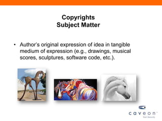 Copyrights
Subject Matter
• Author’s original expression of idea in tangible
medium of expression (e.g., drawings, musical
scores, sculptures, software code, etc.).
 
