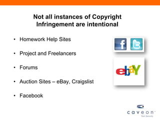 Not all instances of Copyright
Infringement are intentional
• Homework Help Sites
• Project and Freelancers
• Forums
• Auction Sites – eBay, Craigslist
• Facebook
 