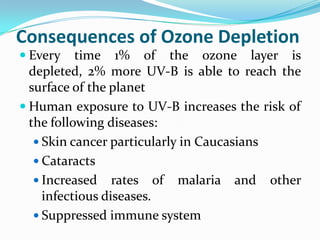 Consequences of Ozone Depletion
 Every    time 1% of the ozone layer is
  depleted, 2% more UV-B is able to reach the
  surface of the planet
 Human exposure to UV-B increases the risk of
  the following diseases:
    Skin cancer particularly in Caucasians
    Cataracts
    Increased rates of malaria and other
     infectious diseases.
    Suppressed immune system
 