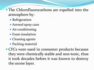  The Chlorofluorocarbons are expelled into the
 atmosphere by:
   Refrigeration
   Aerosol spray cans
   Air conditioning
   Foam insulation
   Cleaning agents
   Packing material
 CFCs were used in consumer products because
 they were chemically stable and non-toxic, thus
 it took decades before it was known to destroy
 the ozone layer.
 