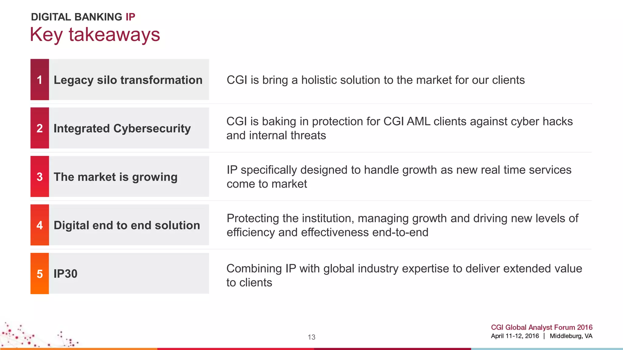 13
Legacy silo transformation CGI is bring a holistic solution to the market for our clients
The market is growing
IP specifically designed to handle growth as new real time services
come to market
Integrated Cybersecurity
CGI is baking in protection for CGI AML clients against cyber hacks
and internal threats
Digital end to end solution
Protecting the institution, managing growth and driving new levels of
efficiency and effectiveness end-to-end
1
3
2
4
5 IP30 Combining IP with global industry expertise to deliver extended value
to clients
Key takeaways
DIGITAL BANKING IP
 