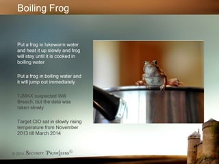 © 2014 Security Priva(eers®
Boiling Frog
Put a frog in lukewarm water
and heat it up slowly and frog
will stay until it is...