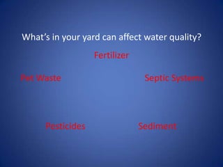 What’s in your yard can affect water quality?
Pet Waste
Fertilizer
Pesticides
Septic Systems
Sediment
 