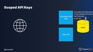 @mooreds
@mooreds
Scoped API Keys
Joke API
Generate API
Key
keys
44cc9621613fabd3e3d
475b106f48037c5b12a
581f581e69,
read-all
 