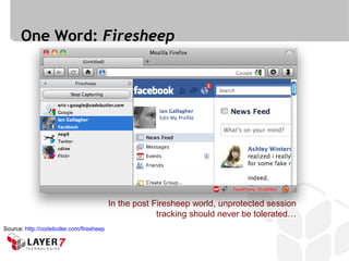 One Word: Firesheep




                                          In the post Firesheep world, unprotected session
                                                       tracking should never be tolerated…
Source: http://codebutler.com/firesheep
 