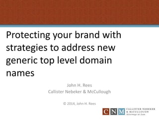 Protecting your brand with
strategies to address new
generic top level domain
names
John H. Rees
Callister Nebeker & McCullough
© 2014, John H. Rees
 