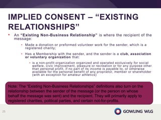 • An “Existing Non-Business Relationship” is where the recipient of the
message:
• Made a donation or preformed volunteer work for the sender, which is a
registered charity;
• Has a Membership with the sender, and the sender is a club, association
or voluntary organization that:
• is a non-profit organization organized and operated exclusively for social
welfare, civic improvement, pleasure or recreation or for any purpose other
than personal profit, if no part of its income is payable to, or otherwise
available for the personal benefit of any proprietor, member or shareholder
(with an exception for amateur athletics)
IMPLIED CONSENT – “EXISTING
RELATIONSHIPS”
25
Note: The “Existing Non-Business Relationships” definitions also turn on the
relationship between the sender of the message (or the person on whose
behalf the message was sent) and the recipient. They will primarily apply to
registered charities, political parties, and certain not-for-profits.
 