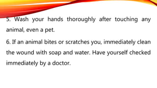 5. Wash your hands thoroughly after touching any
animal, even a pet.
6. If an animal bites or scratches you, immediately clean
the wound with soap and water. Have yourself checked
immediately by a doctor.
 