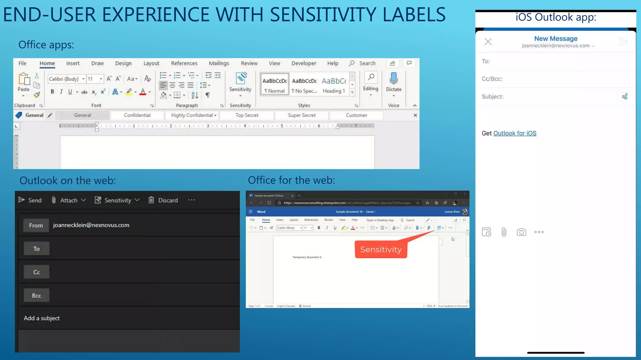 END-USER EXPERIENCE WITH SENSITIVITY LABELS
Office apps:
Outlook on the web:
iOS Outlook app:
Office for the web:
 