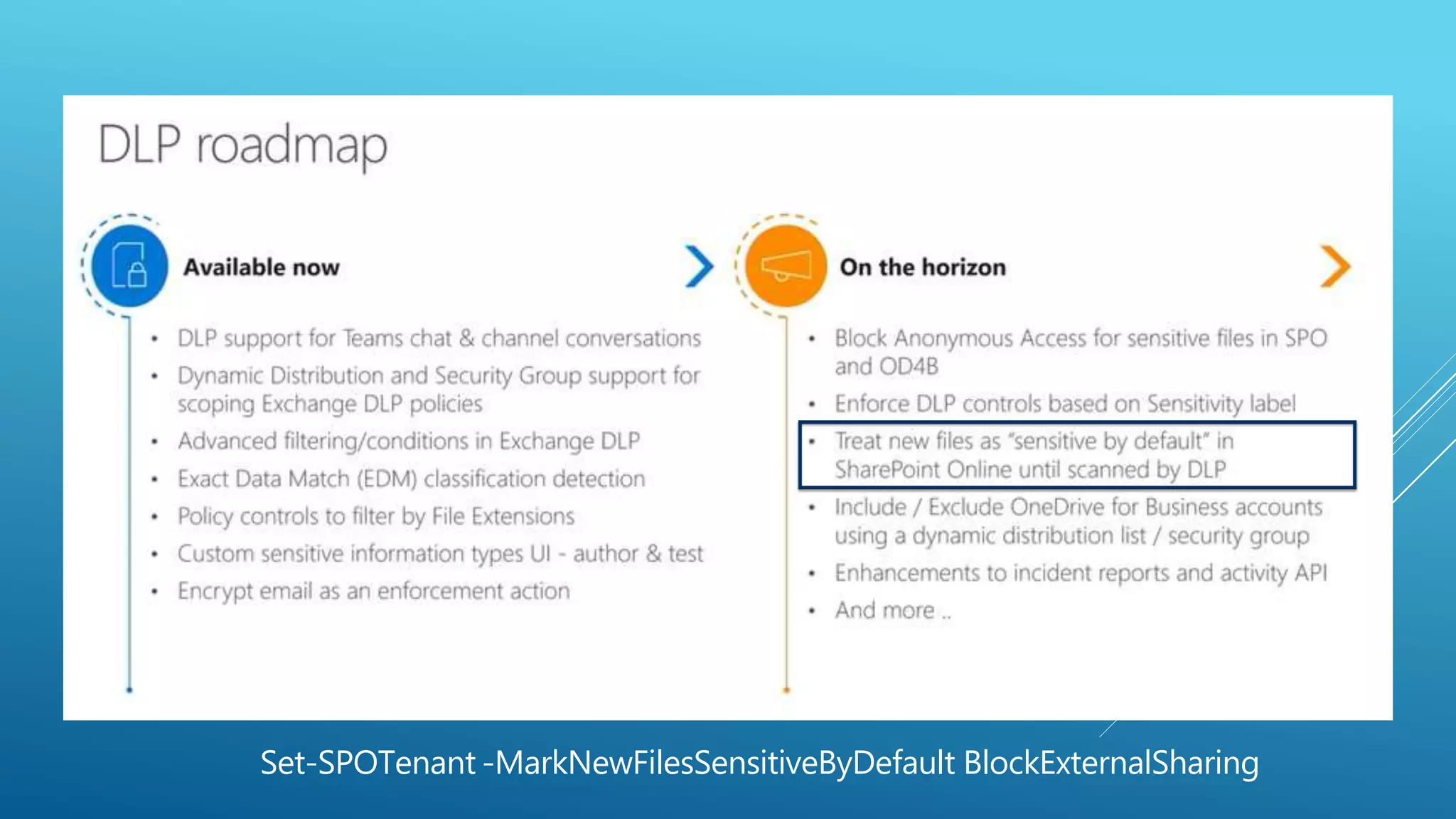 Set-SPOTenant -MarkNewFilesSensitiveByDefault BlockExternalSharing
 