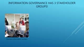 INFORMATION GOVERNANCE HAS 3 STAKEHOLDER
GROUPS!
Business information workers
 